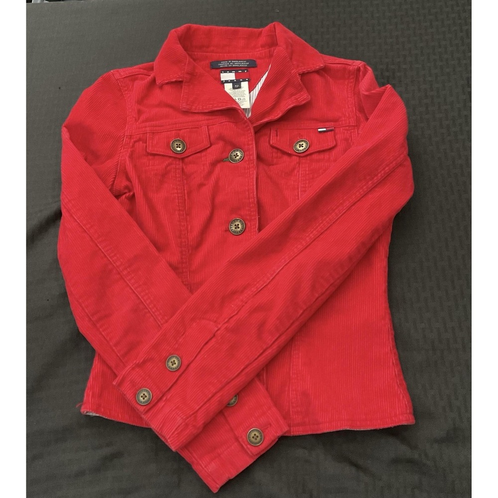 Tommy Jeans Jacket Womens XS Red Corduroy Button Front Logo Pockets Slim Fit